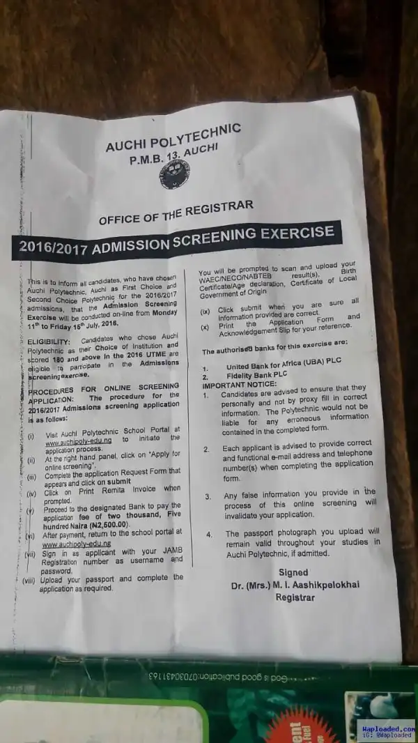 Auchi Polytechnic 2016/2017 Screening dates and infos